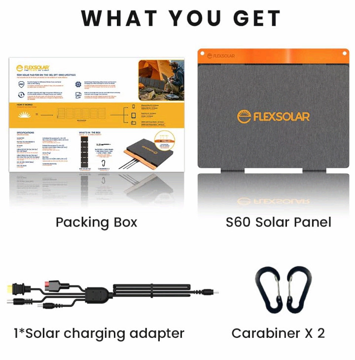 60W solar charger, USB-C PD3.0, USB-A QC3.0, DC, foldable, IP67 waterproof