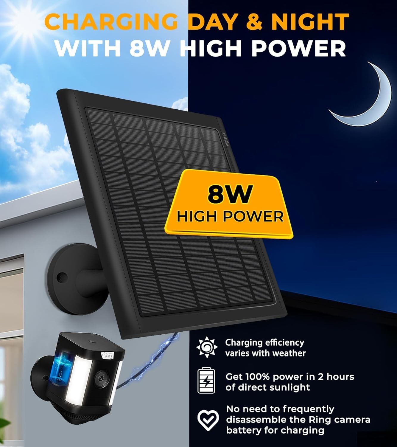 Panel solar de 8 W para cámara Ring, paquete de 2 cargadores solares compatibles