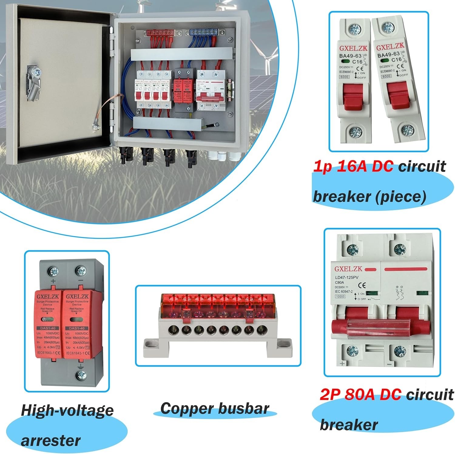 Hardcover Solar Combiner Box with 4 Strings, 80 A Circuit Breakers. Off-Grid Sol