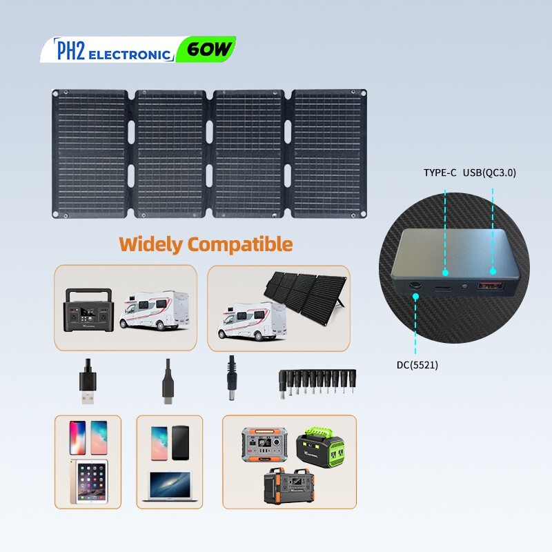 60w Portable Foldable Solar Panel Kit (18V,10.5x16inch,4lb),Solar Controller