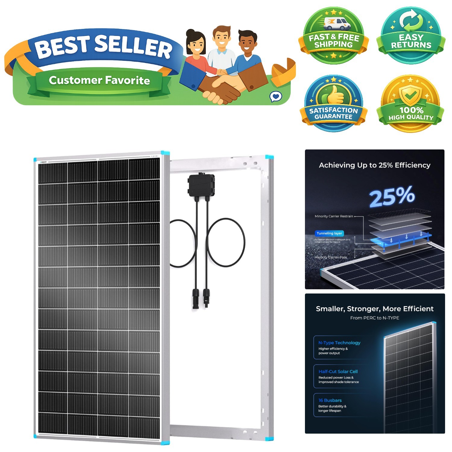Solar Panel 200 Watt 24 Volt, 200W Solar Panel 25% High-Efficiency 16BB , N-T…