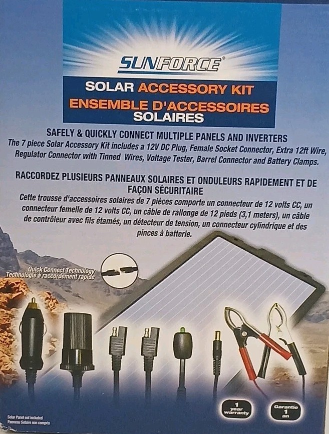 Sunforce 7 Piece Solar Accessory Kit 12V DC Plug Battery Clamps Inverters