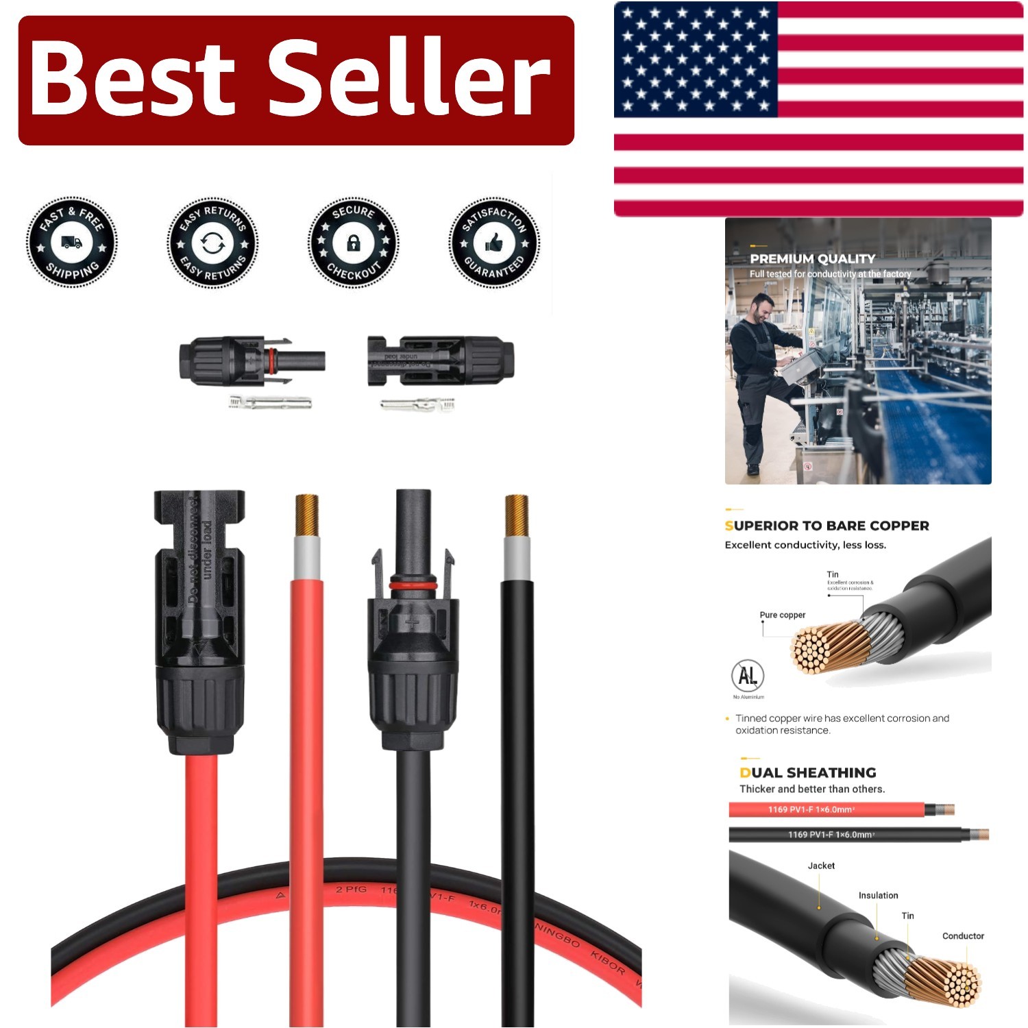 20FT 10AWG Solar Extension Cable with Male-Female Connectors – High Efficiency