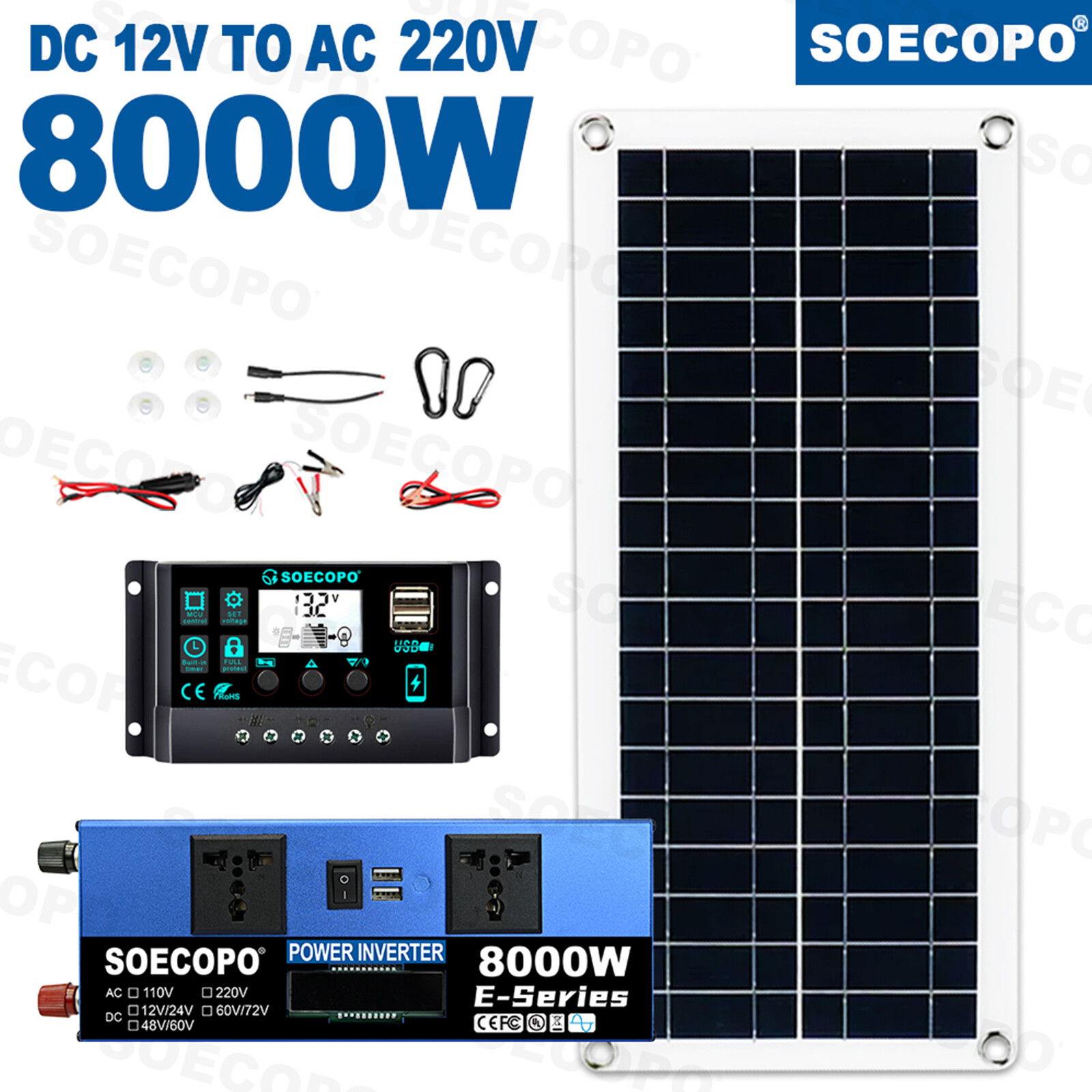 8000W Complete Solar Panel Kit Solar Power Generator 100A Home 110V/220V Syste