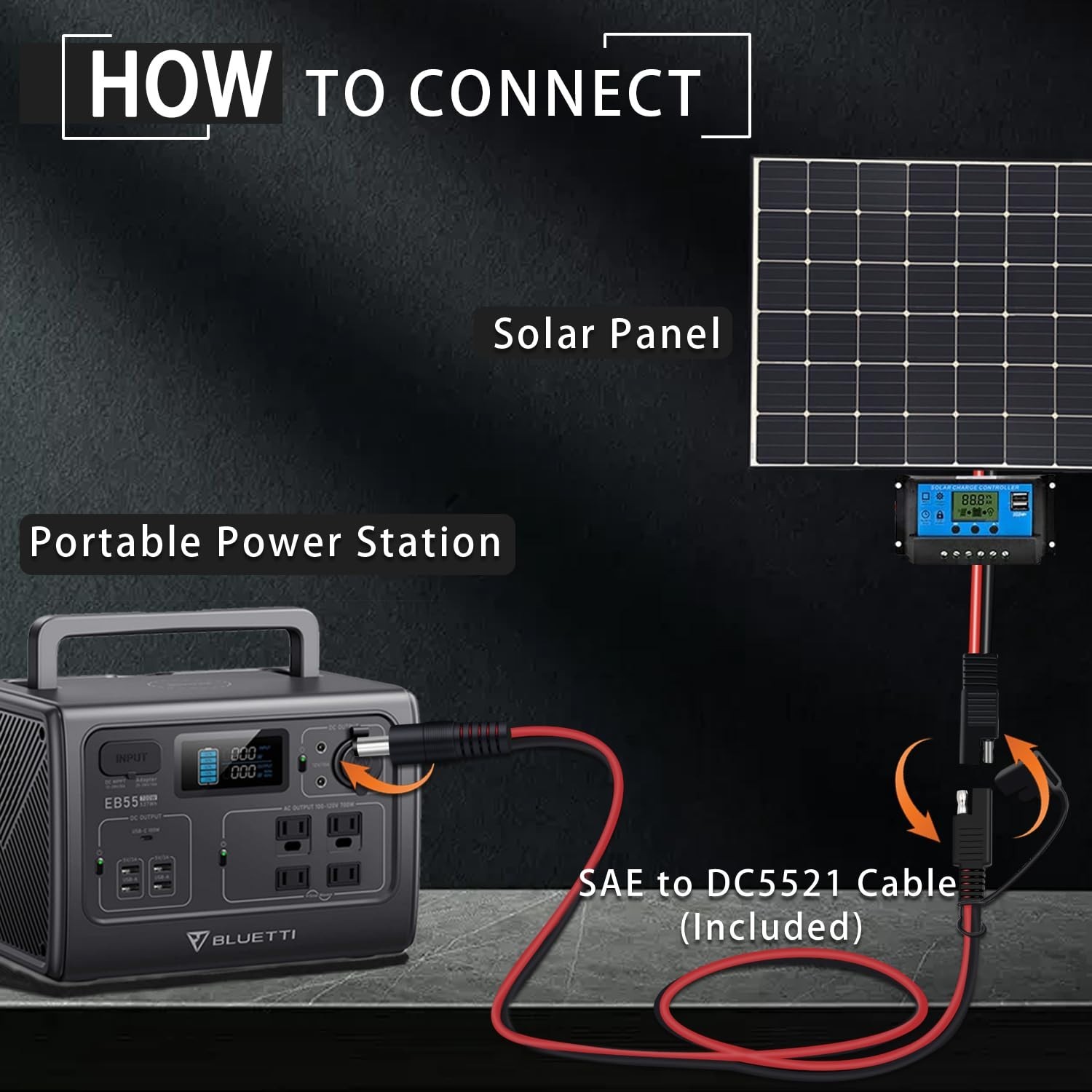 SAE to DC Adapter for Jackery Solar Panel, 3FT SAE Plug to DC5521 Male Connector