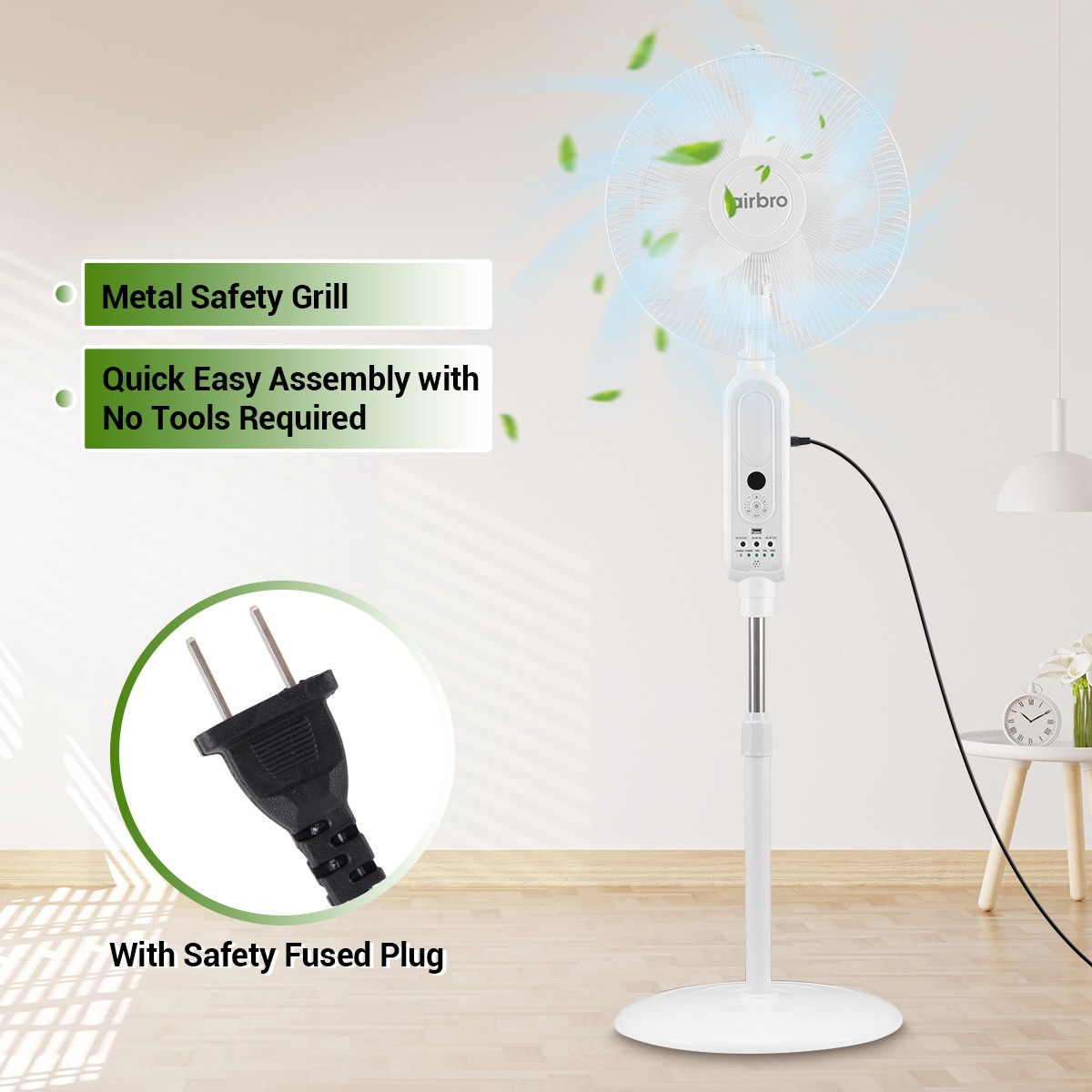 16″ Rechargeable Standing Floor Fan AC Solar Charging Fan w/ Remote &2 LED Bulbs