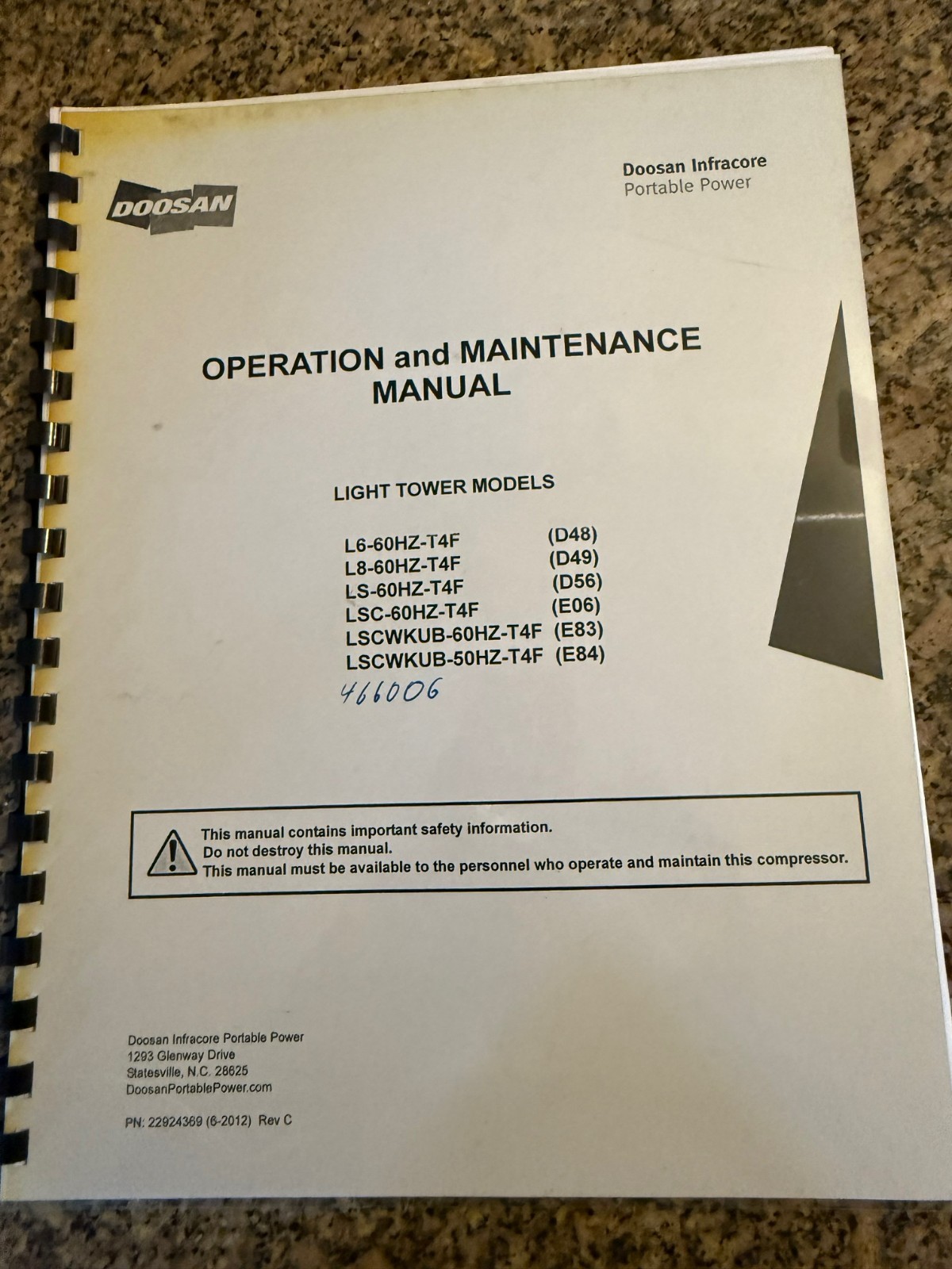 Doosan Operation and Maintenance Manual Light Tower D48,49,56,E06,83,84