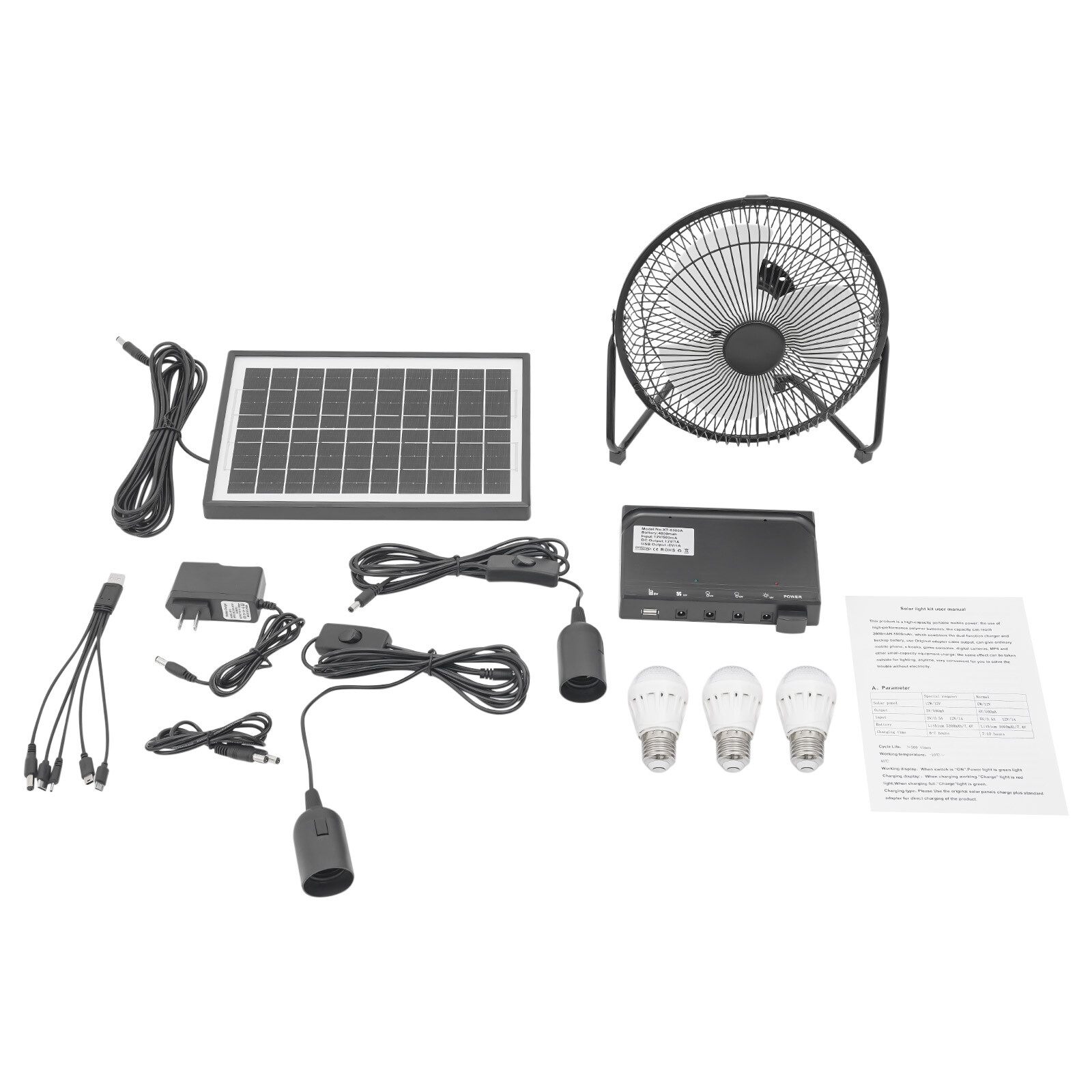 Solar Lighting & Fan Kits with 3 Bulbs USB Charging for Home Outdoor Camping