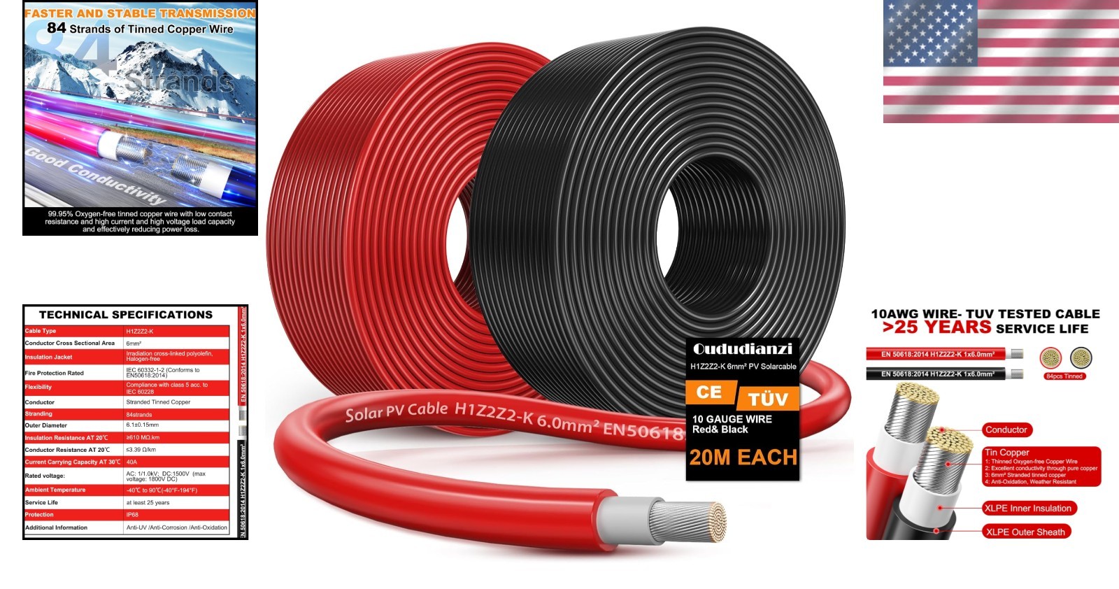 65FT Red + 65FT Black 10AWG Tinned Copper Solar Cable – Durable & Waterproof