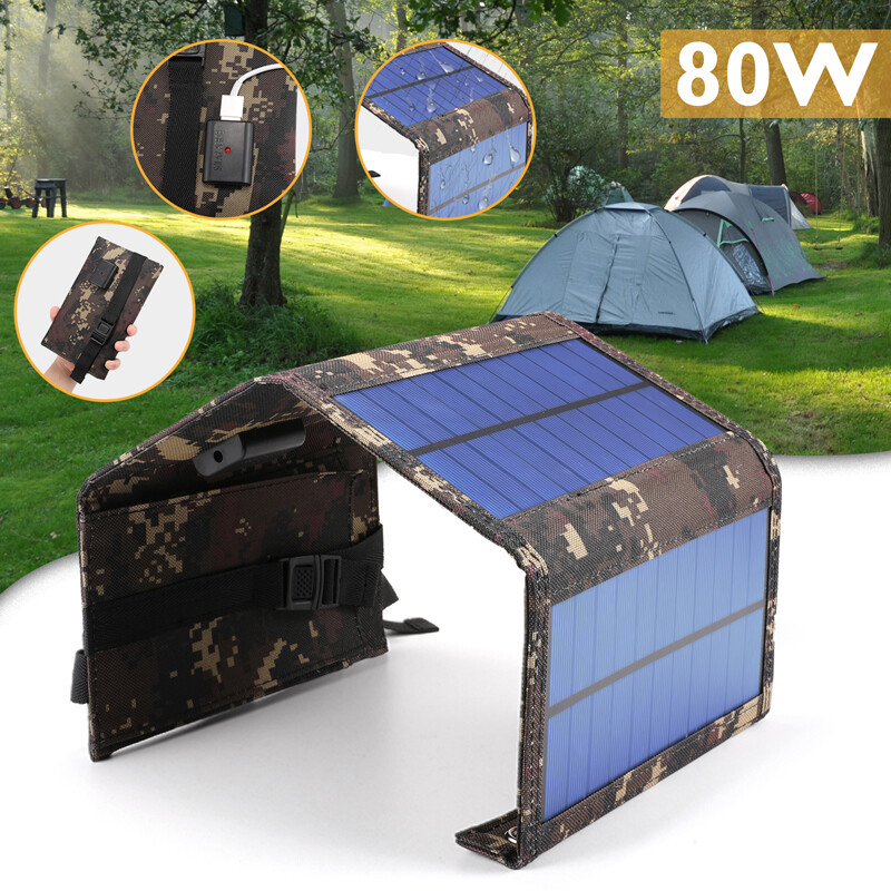 80W USB Solar Panel Folding Power Bank Outdoor Camping Hiking Phone Charger