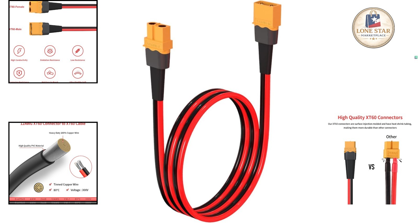 2FT XT60 Extension Cable – High-Quality Tinned Copper Connector for RC Battery