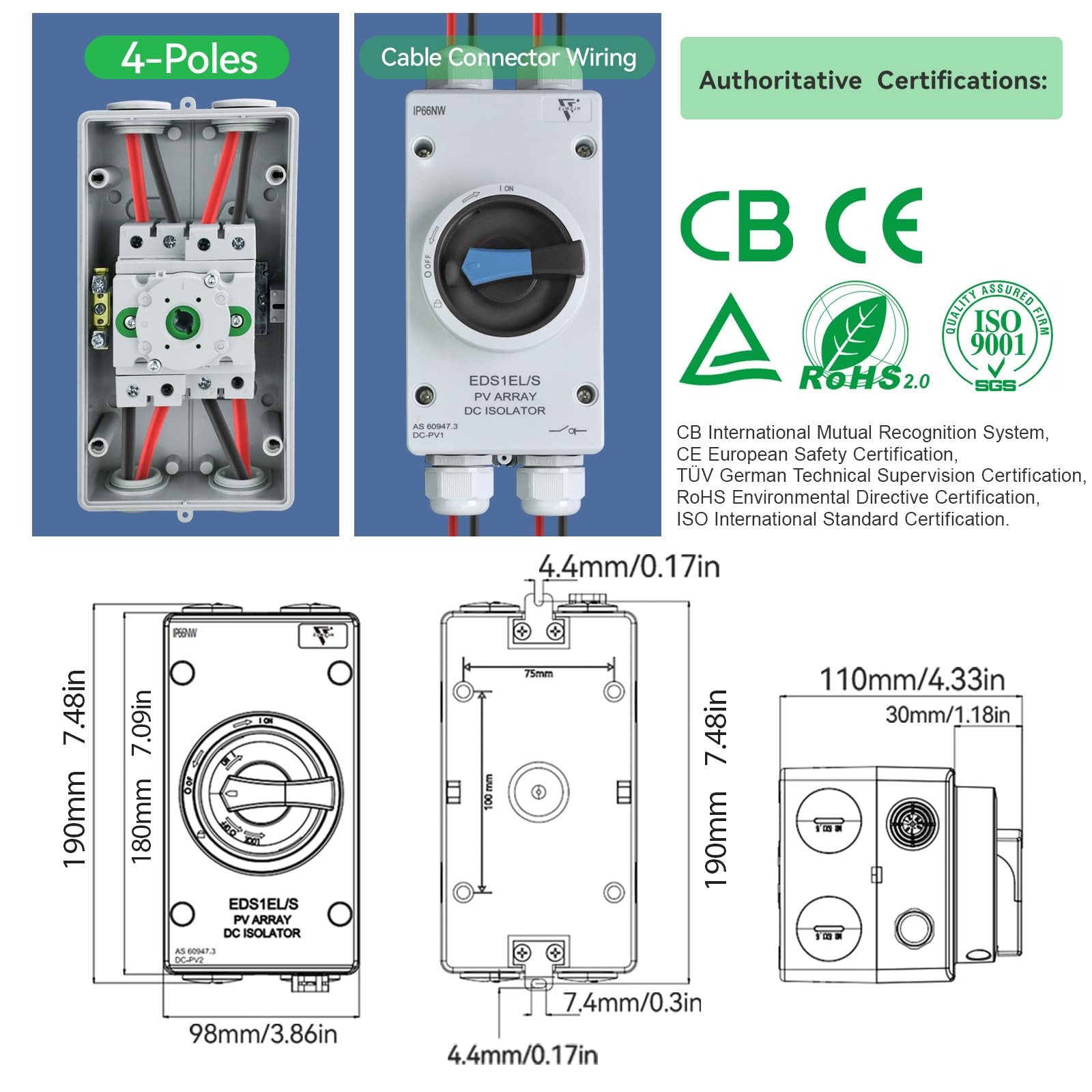 ZJWZJH Solar Disconnect Switch 4-Pole DC 1500V 32A Isolator Solar Switch with…