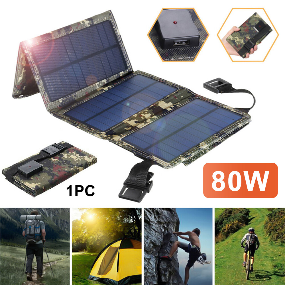 80W USB Solar Panel Folding Power Bank Outdoor Camping Hiking Phone Charger US