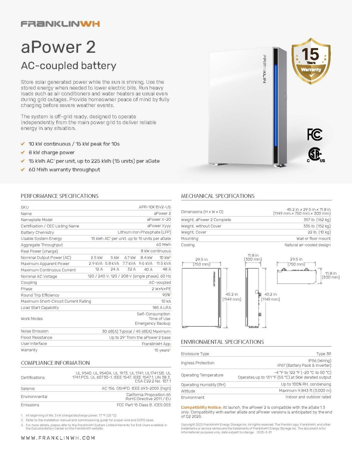 NEW FranklinWH aPower 2 AC Battery System 10kW/15kWh With aGate X Management