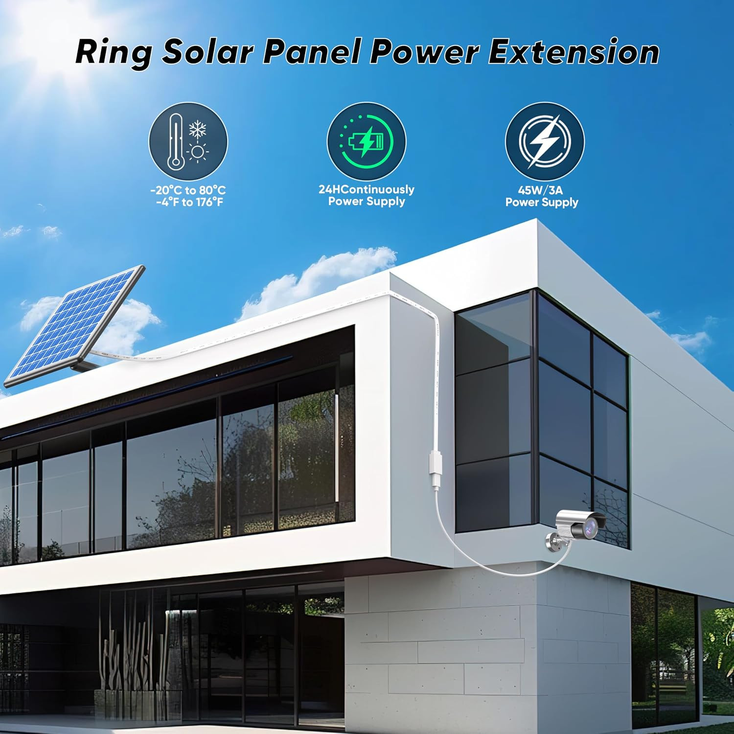 USB C Extension Cable 10Ft for Ring Solar Panel & Camera, 45W Charging Waterproo