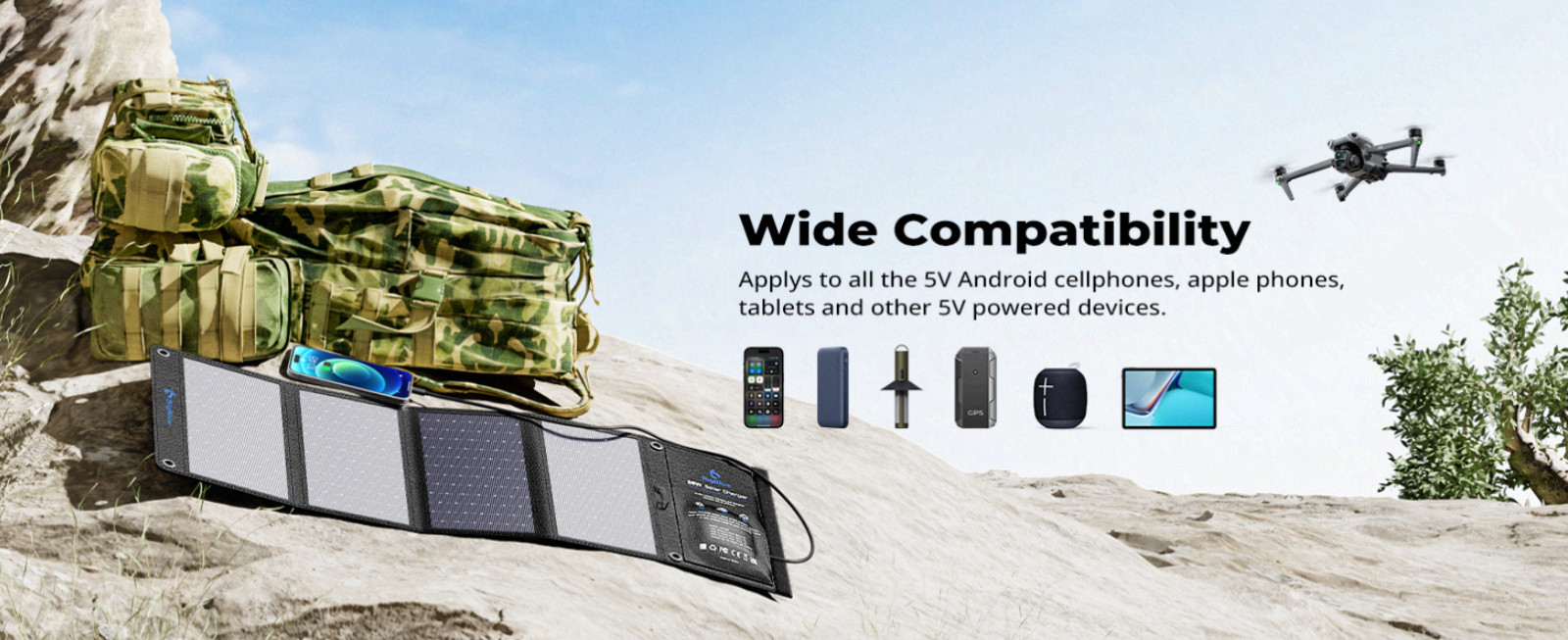 28W Portable Solar Charger, Dual USB-C/USB-A for Camping, Hiking, Phones & GPS.