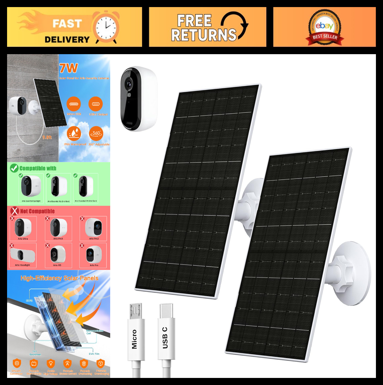 7W Solar Panel for 2K Cameras, USB-C Charger, IP66 Waterproof, 360° Mount, 2 Pac