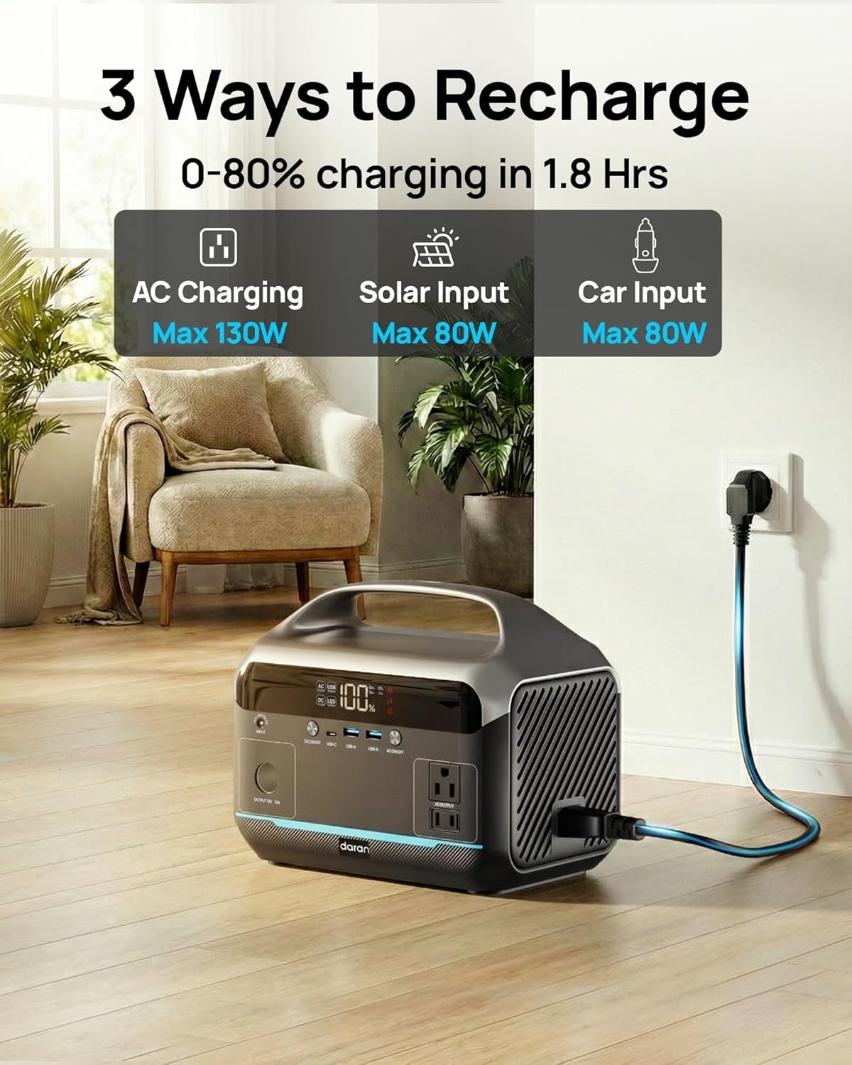 Portable Power Station 1200W Surge 288Wh LiFePO4 Battery Solar Generator with