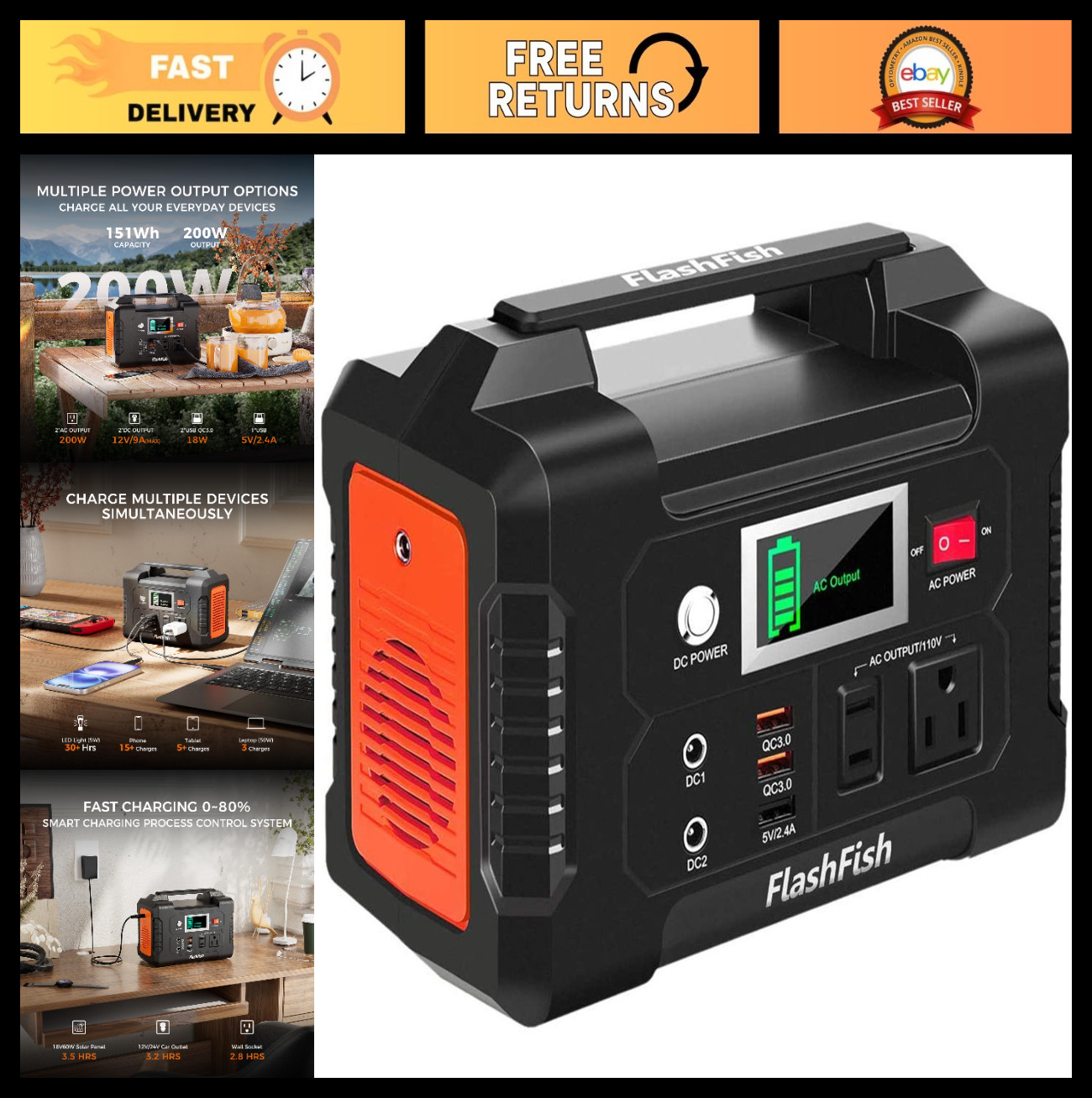 Portable Power Station 200W, 40800mAh Battery Pack, AC/DC/USB Outlets, Solar Gen
