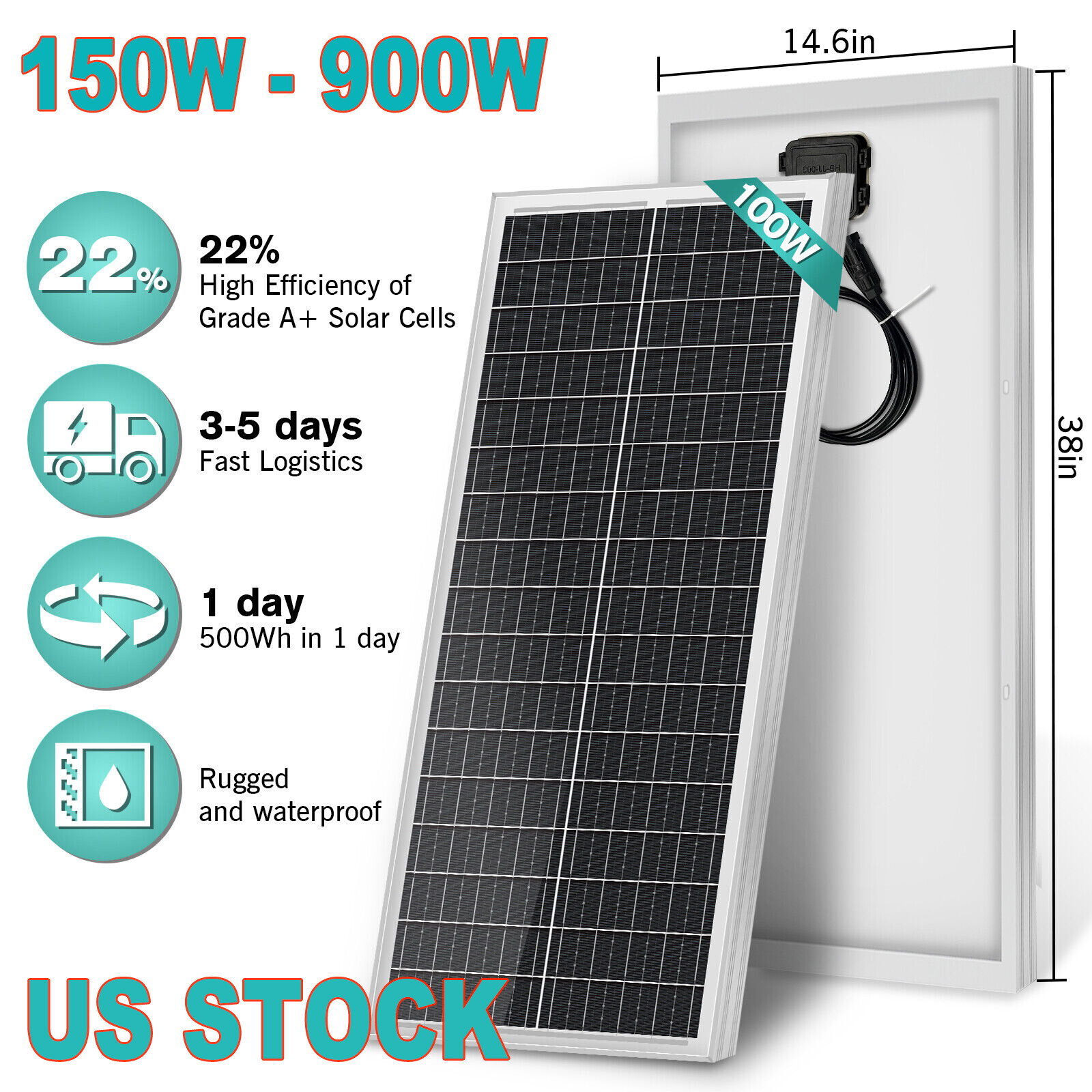 150-1500W Watt Flexible Mono Solar Panel 12V F/ Car Boat RV Home Rooftop Camping