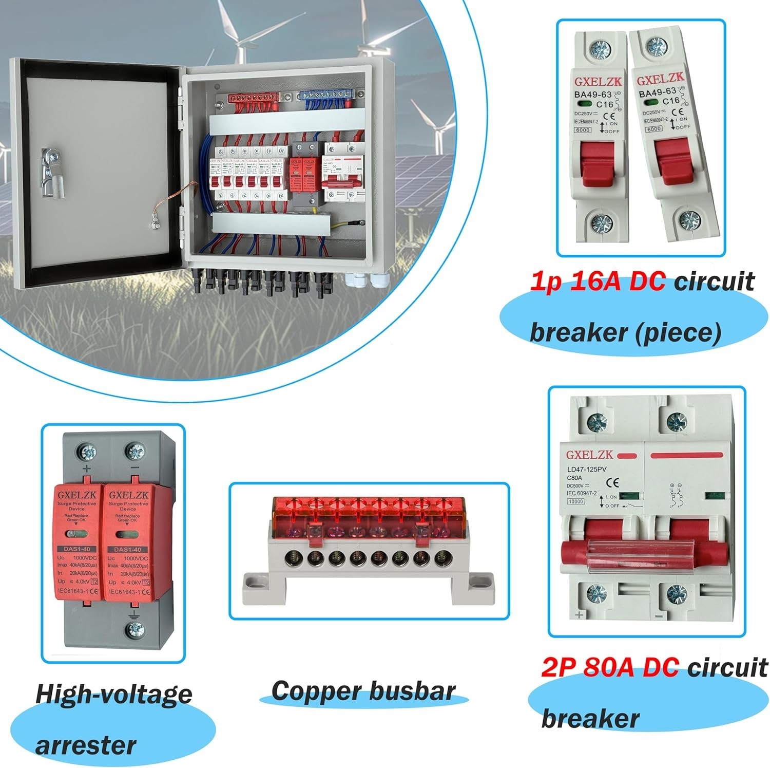 Hardcover Solar Combiner Box with 4 Strings, 80 A Circuit Breakers. Off-Grid Sol