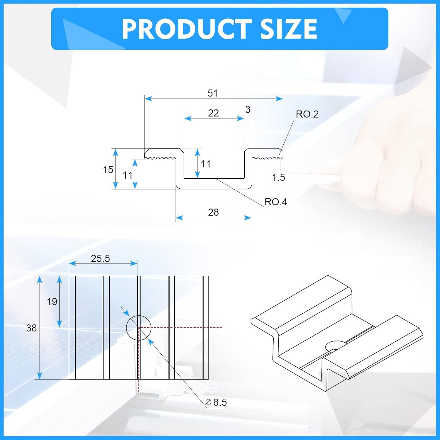 Solar Aluminum Mid Clamps for Panels 1.06 Inch 12