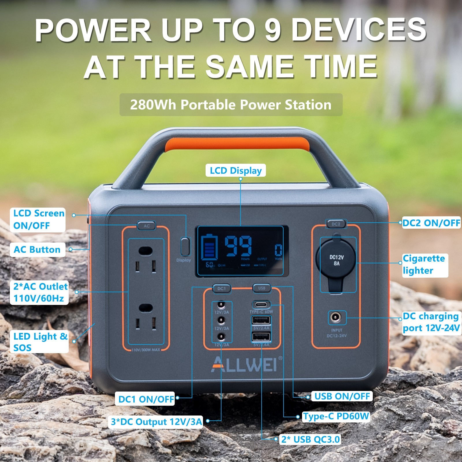 ALLWEI Portable Power Station 300W 280Wh Solar Generator for Home Camping Travel