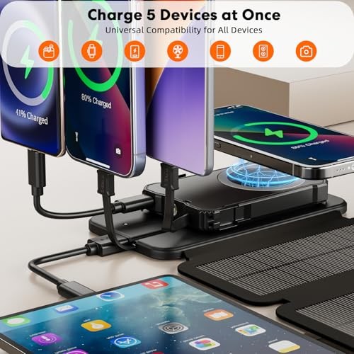 Solar Charger Power Bank 5000mAh with 4 Foldable Panels & 2 Built-in Cables,