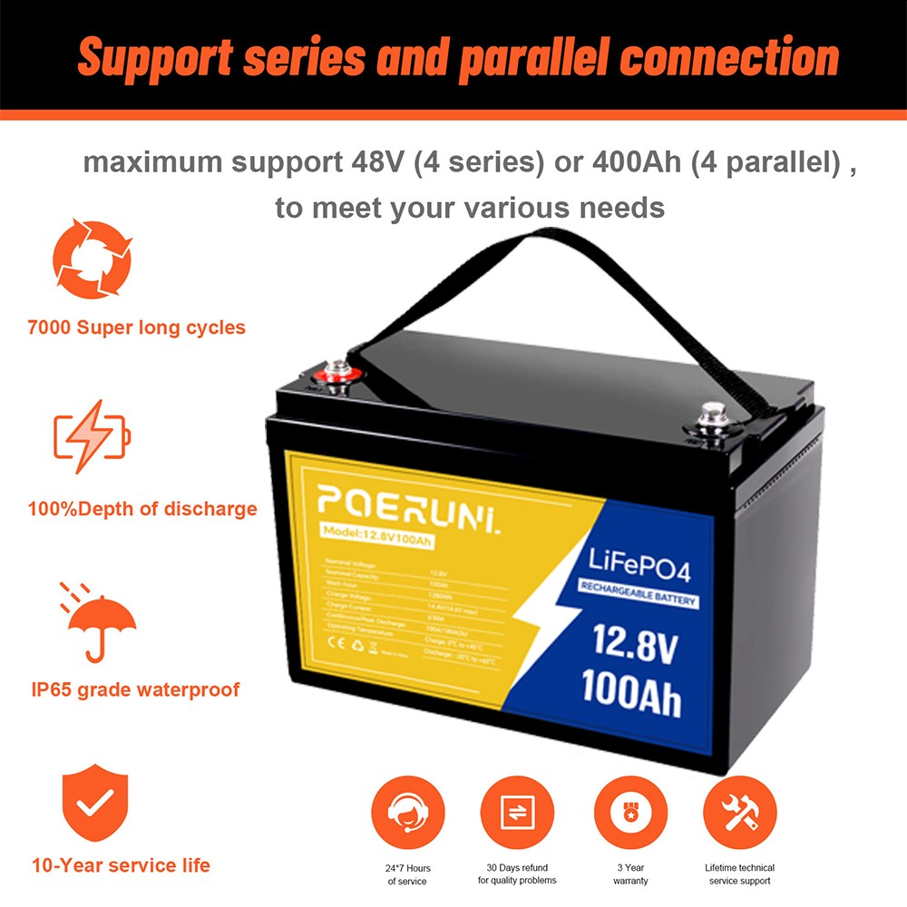 100Ah 12V LiFePO4 Lithium Battery 1280Wh Built-in BMS Deep Cycles For RV Solar