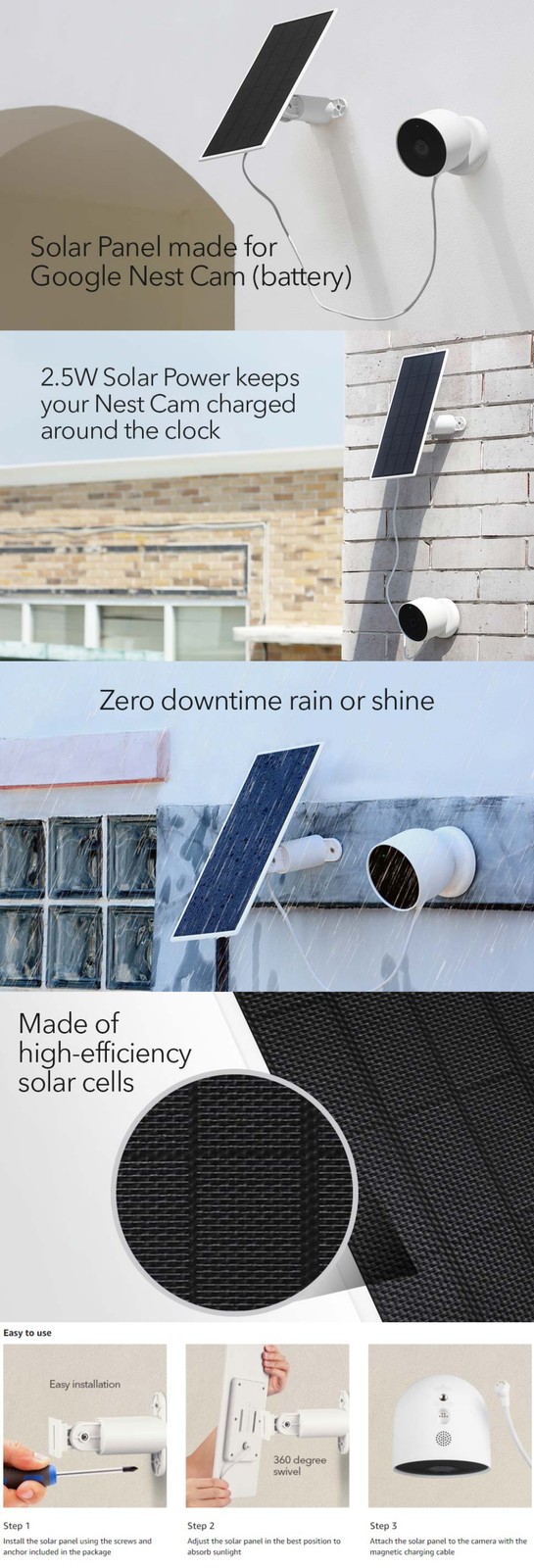 2.5W Solar Panel for Google Nest Cam Outdoor or Indoor, Battery