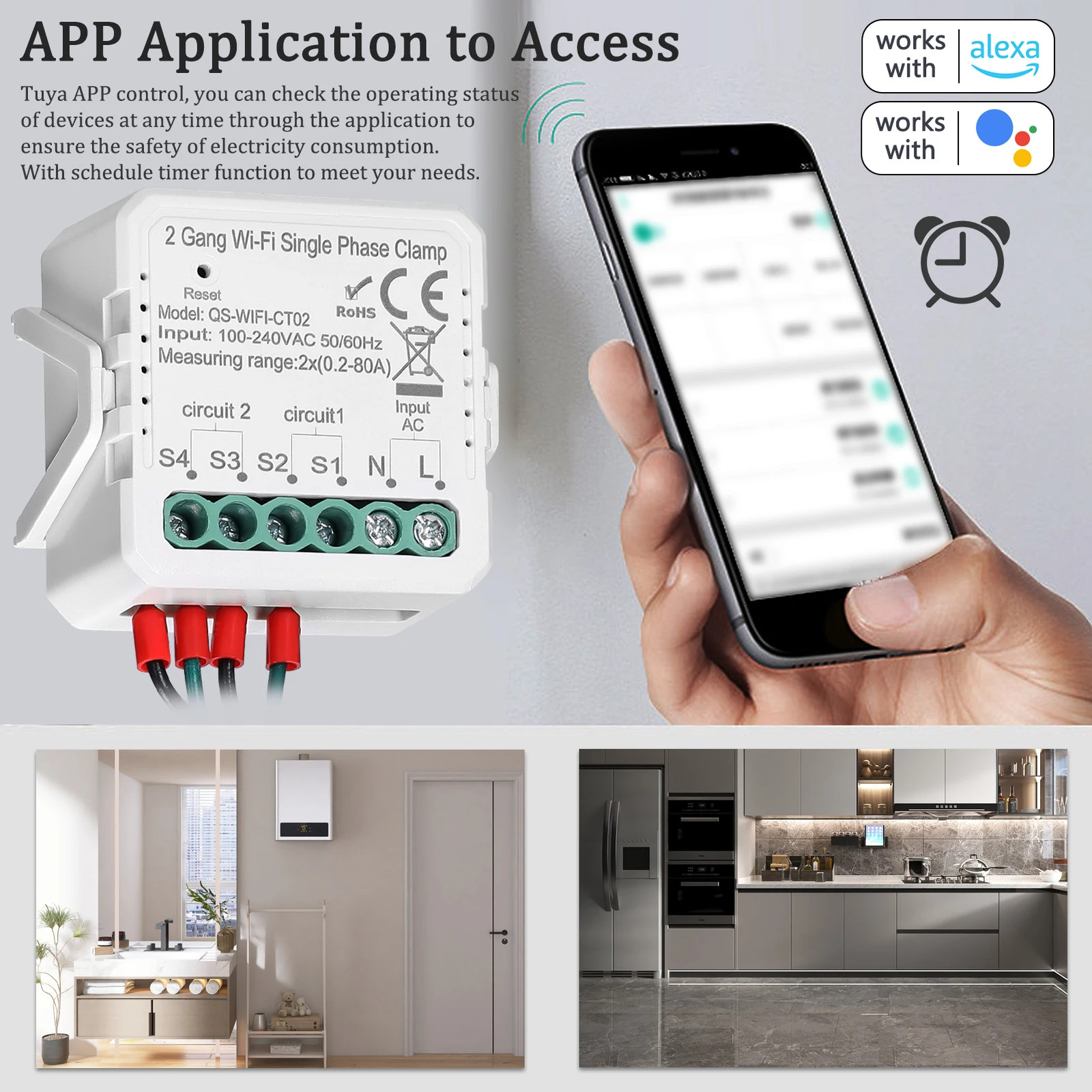 Tuya Wifi 2 Gang 80A Single Phase Clamp Solar PV Energy Meter Bidirectional Mobi