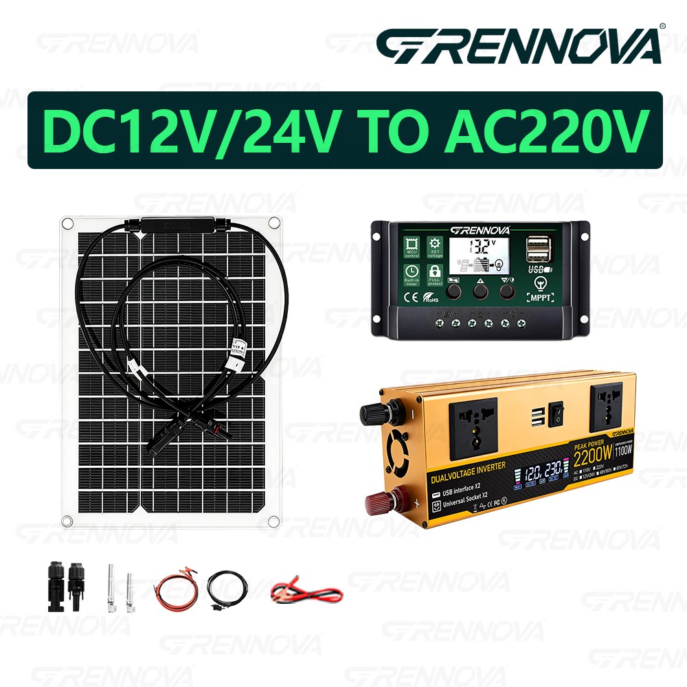 Grennova 2200W Solar System 50W Panel 12/24V To 110/220V Inverter 60A Controller