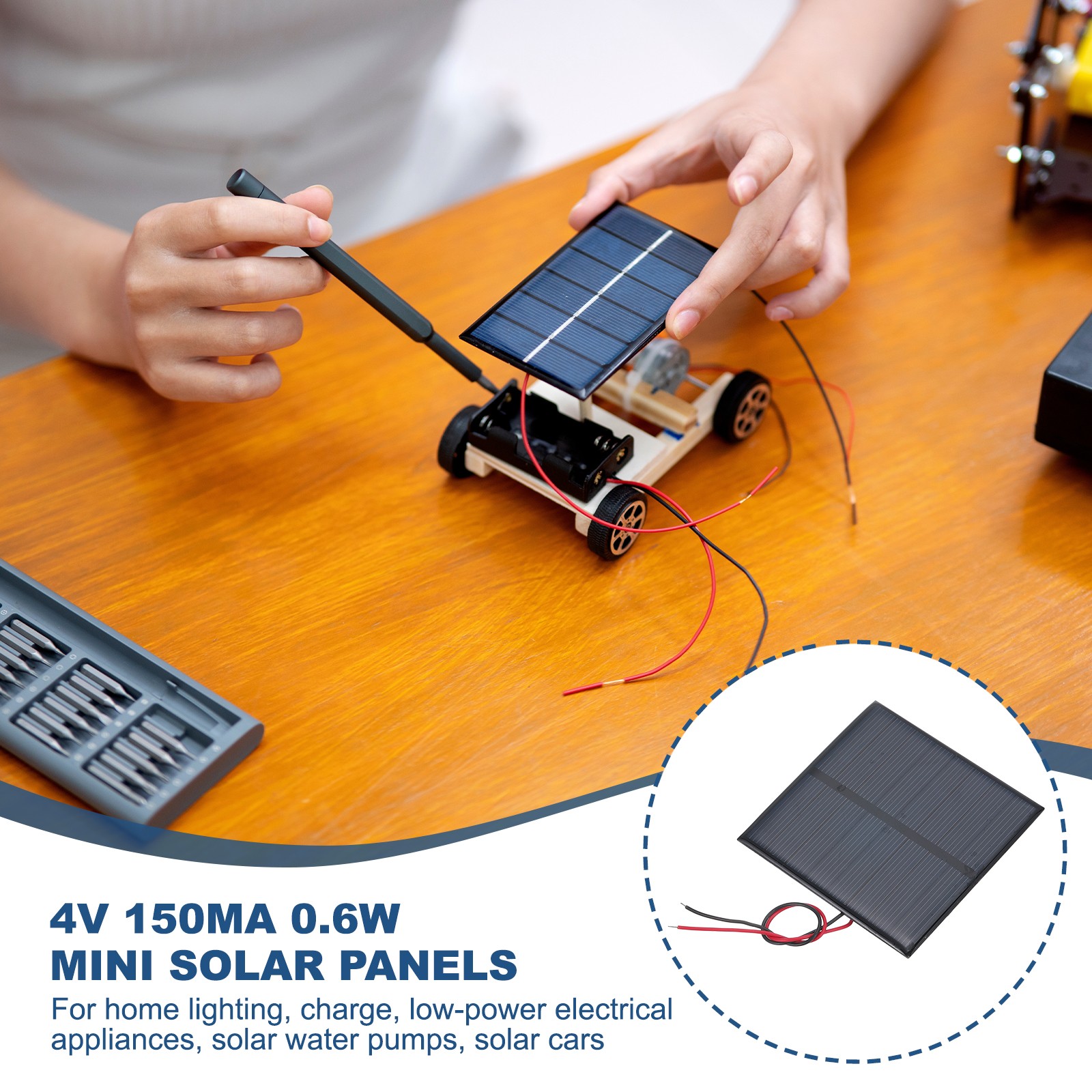 2 Pcs 4V 0.6W 150mA Mini Solar Panels with 2 Cable 70mm x 70mm