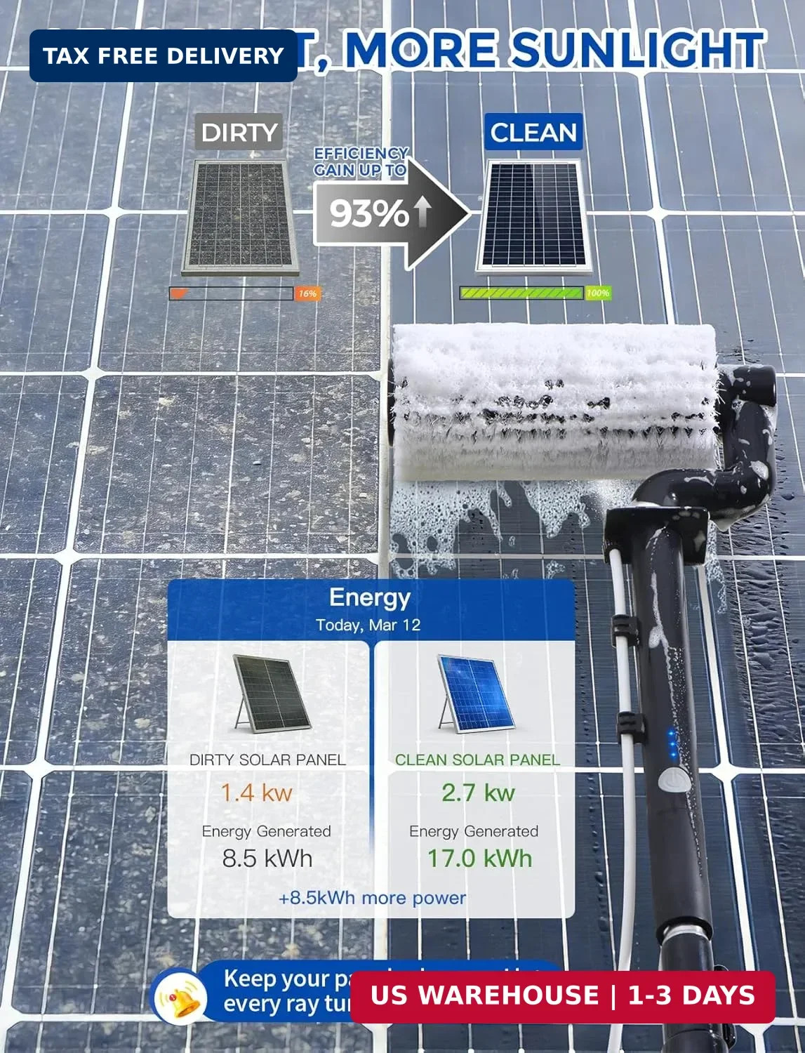 Electric Solar Panel Cleaning Kit, 20FT Solar Panel Cleaning Brush and Pole with