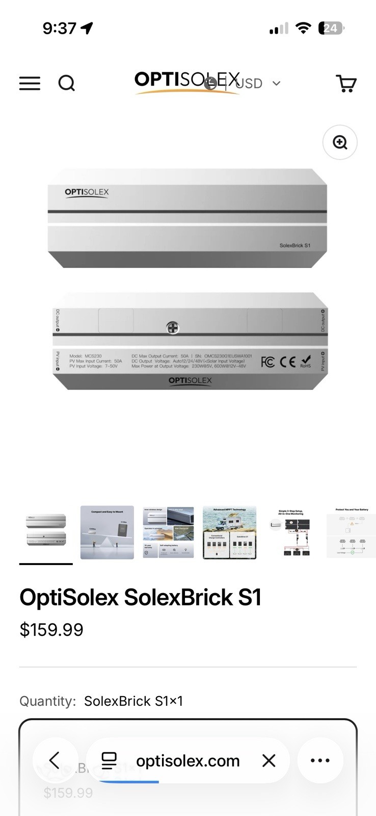 (2) Two OptiSolex SolexBrick S1 50A MPPT Waterproof IP68 12/24/48V RV/Van