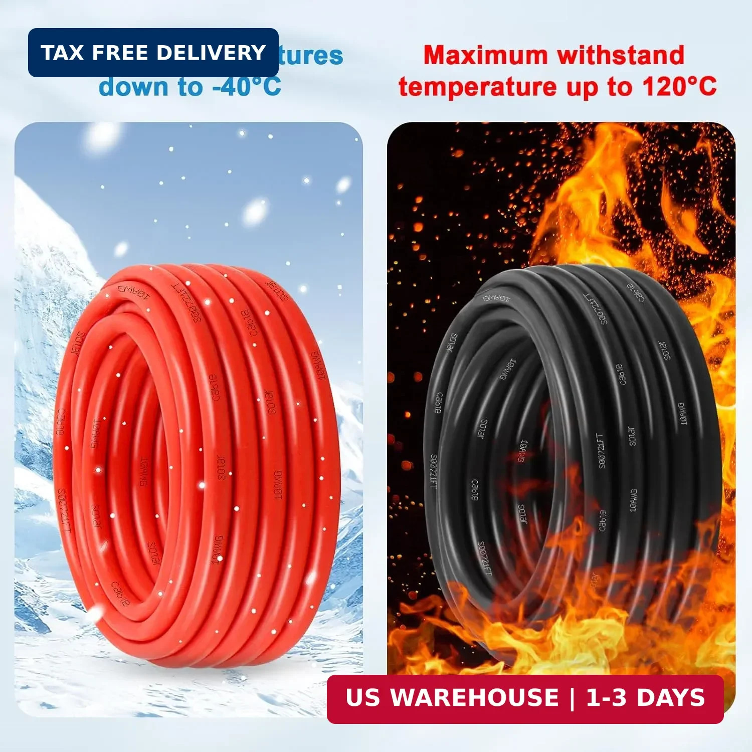 Solar Panel Wire 10 AWG 100ft Black 100ft Red Tinned Copper