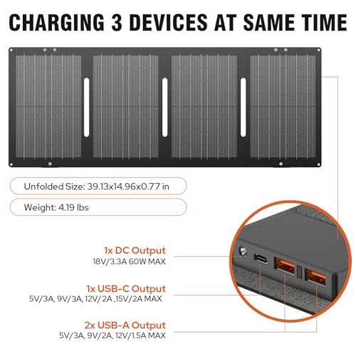 Portable Solar Panel Foldable Solar Charger with DC/USB C/USB A Output DC 60W
