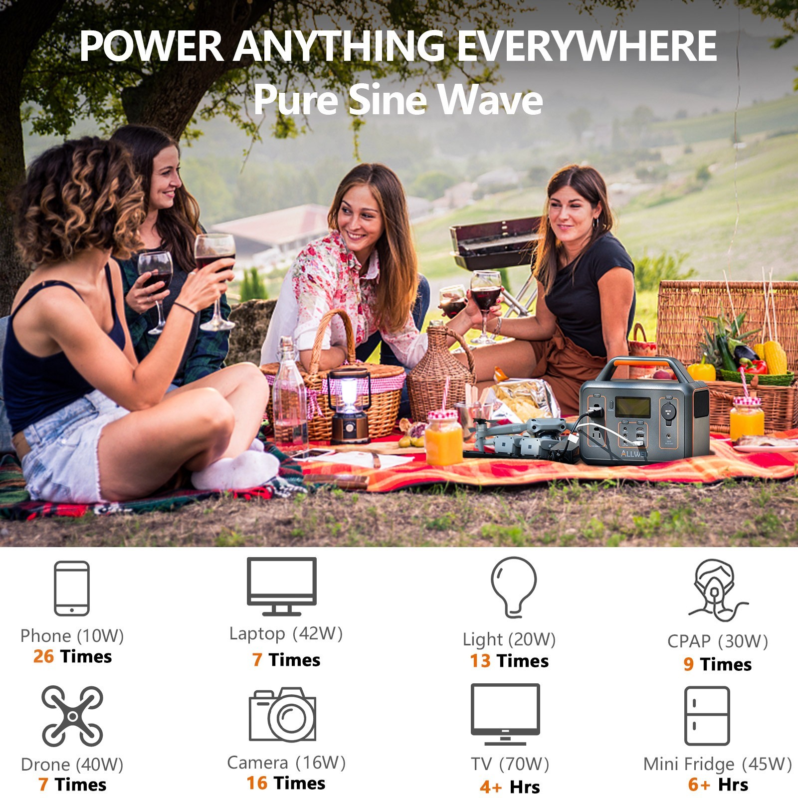 ALLWEI Portable Power Station 300W 280Wh Solar Generator for Home Camping Travel