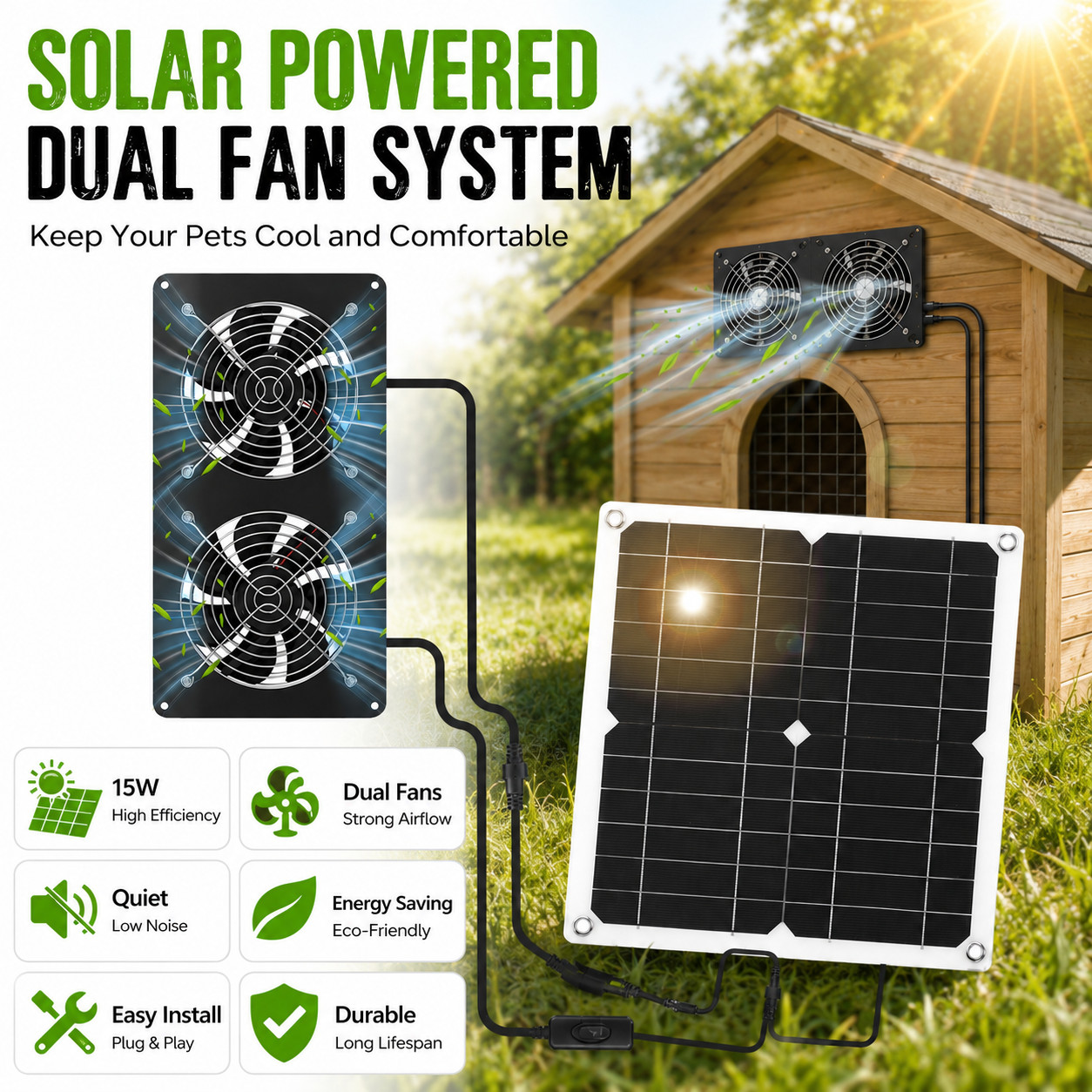 15W Solar Panel Fan Kit Dual 12V Exhaust Fans for Greenhouse Chicken Coop Pets