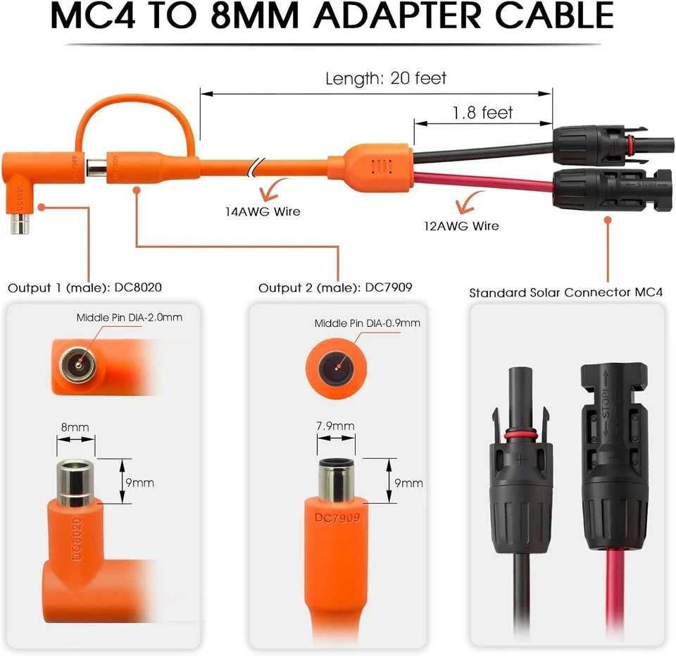 20FT MC4 to 8Mm Adapter Cable for Jackery | Universal Solar Panel Connector and