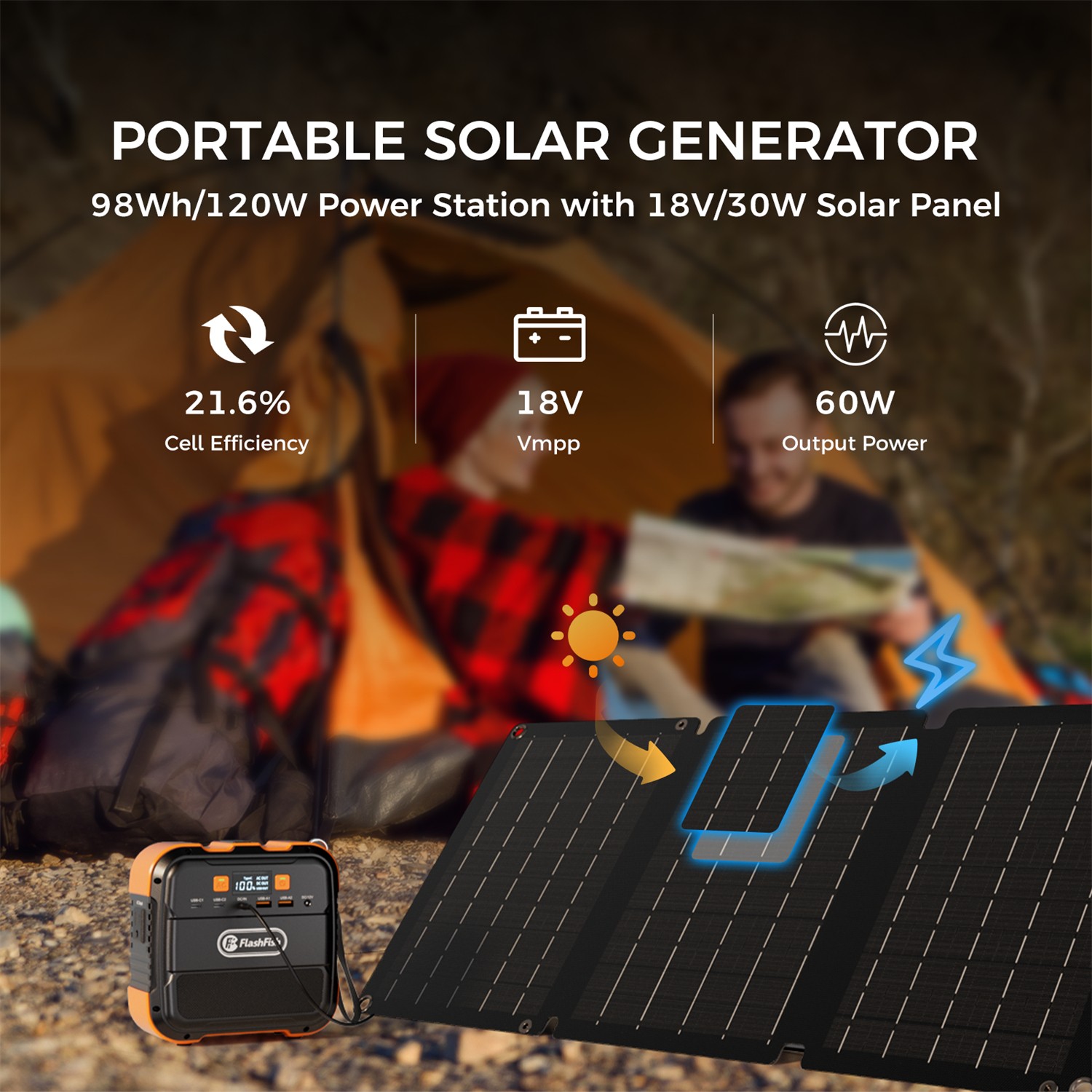 Flashfish Solar Power Generator Li-ion 120W 98Wh With Solar panel 30W US Stock