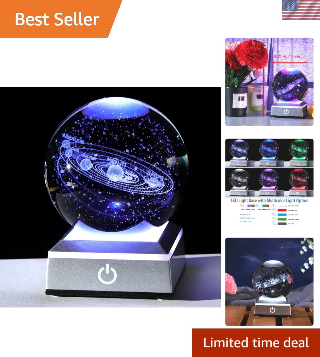 Exquisite K9 Crystal Solar System Model with Colorful LED Touch Lighting