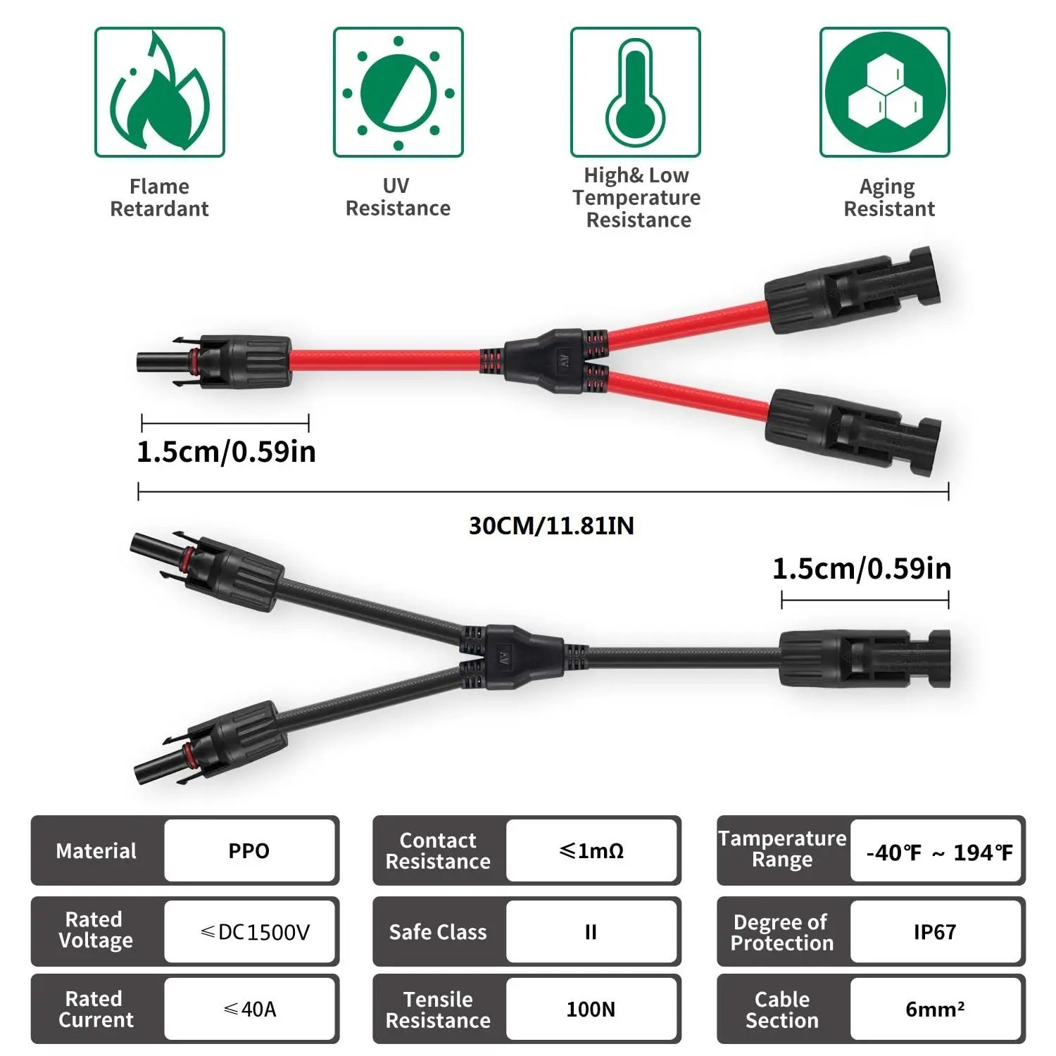 Solar Cable Y-Splitter (1 to 2), 2 Pcs 6Mm² Solar PV Parallel Adapter Y Cable