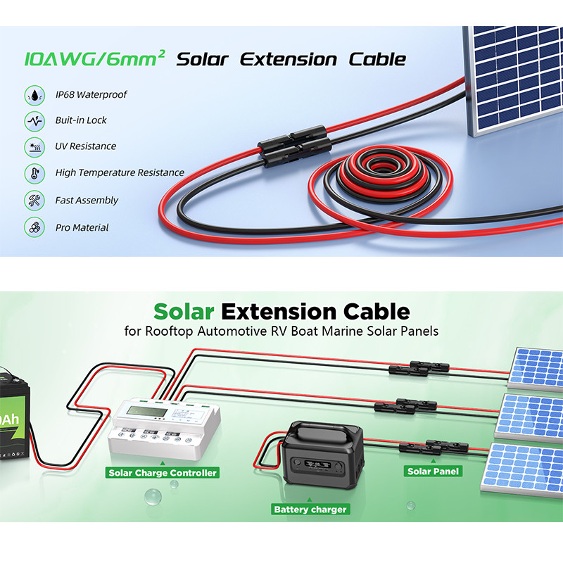50FT 10 AWG Solar Panel Extension Cable PV Wire Solar Connectors Pair 6mm²