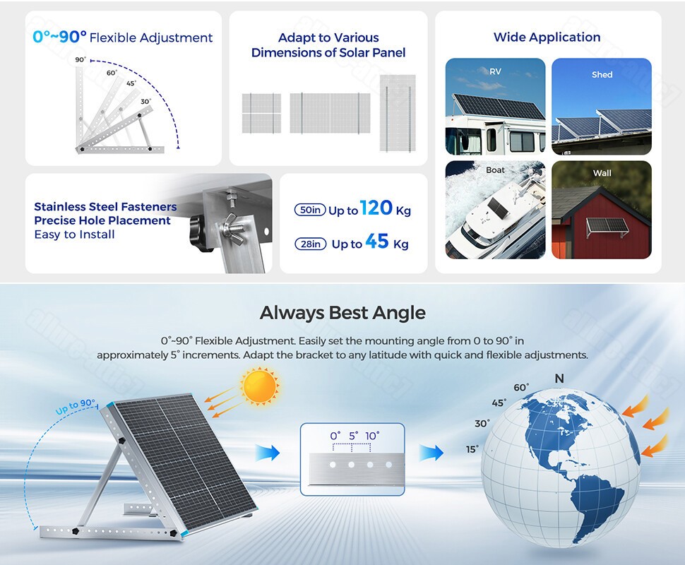 2/4PCS Solar Panel RV Tilt Mount Brackets Rooftop Flat Surface Adjustable Frame