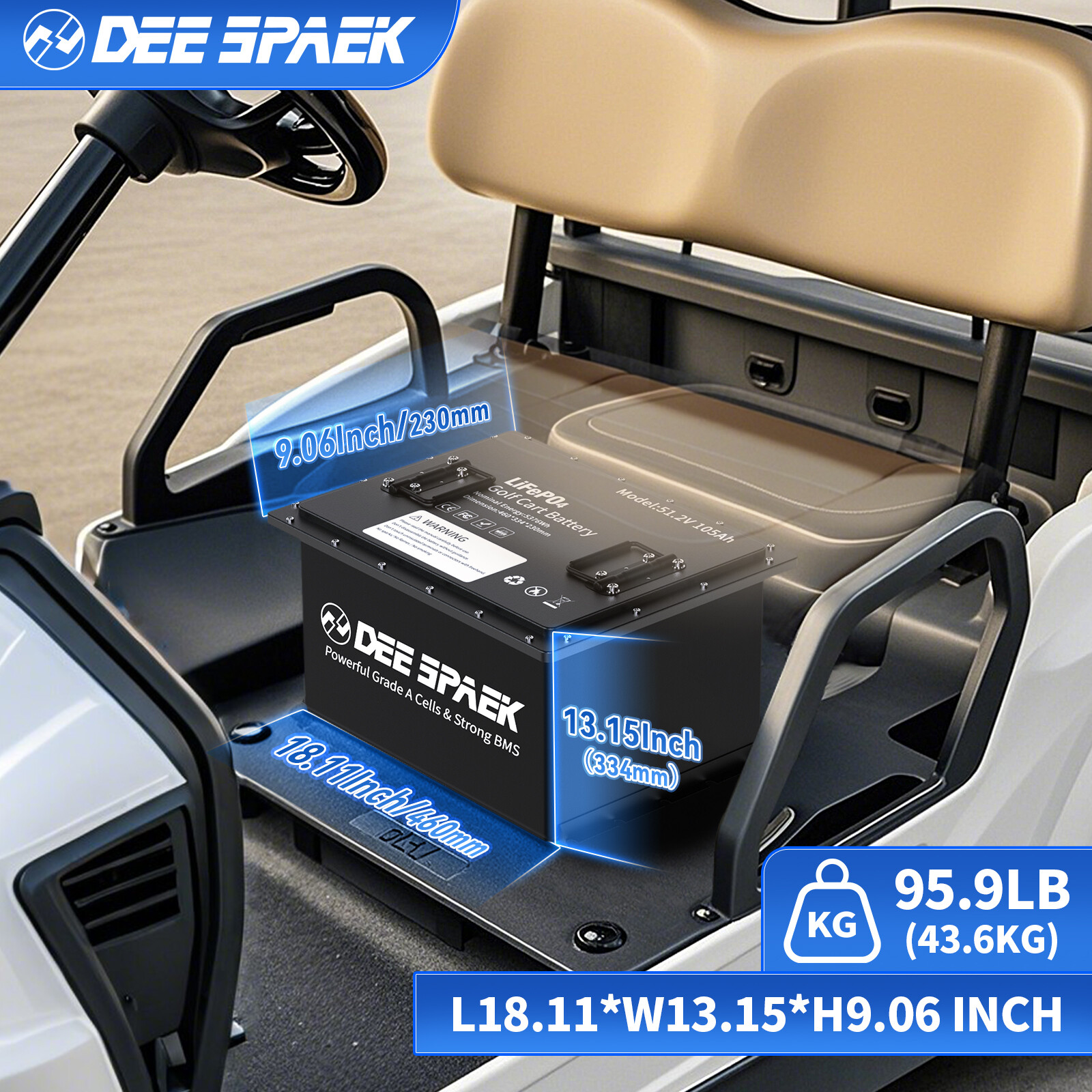 48V 105Ah Battery LiFePO4 Lithium Golf Cart 200A BMS Bluetooth Monit+20A Charger