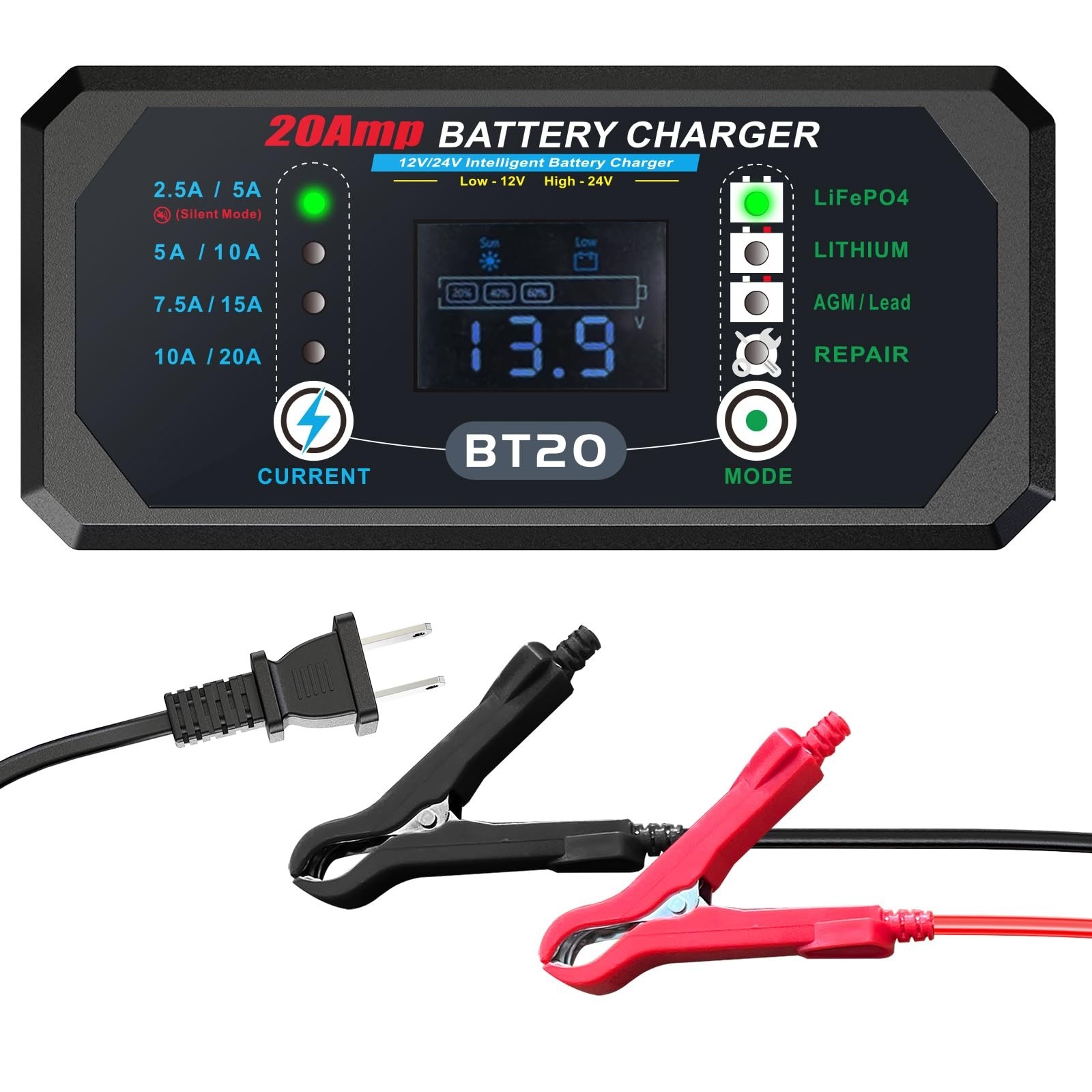 12V/20V Smart Fast Battery Charger 240W 20A for Car, Motorcycle, Boat – Overchar