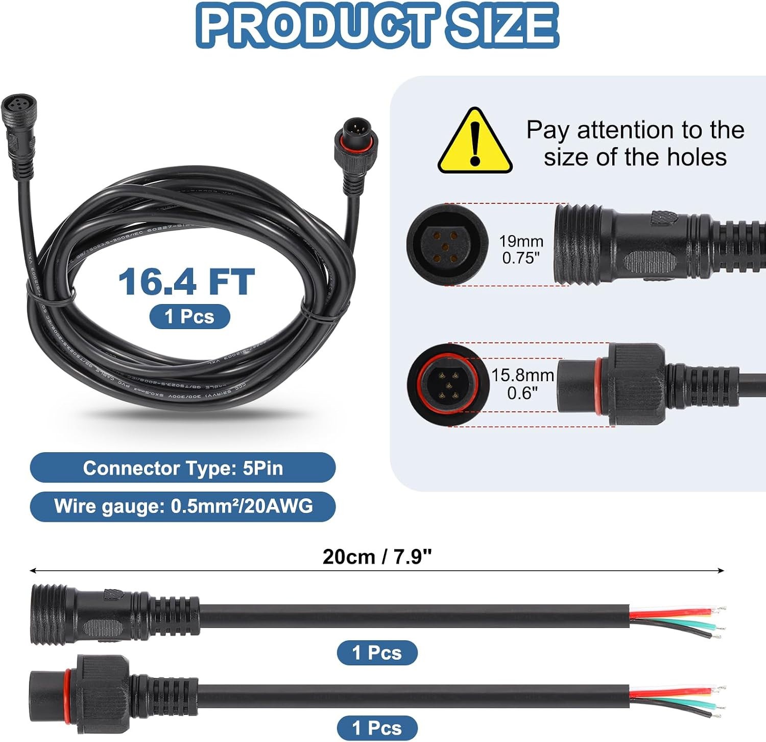 16.4Ft 20AWG 5 Pin Extension Cable Wire with 7.87″ Male Female Connector