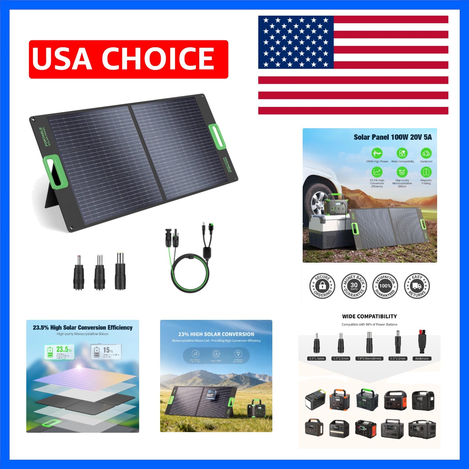 100W Portable Solar Panel for Power Station Generator, 20V Foldable Solar Cel…