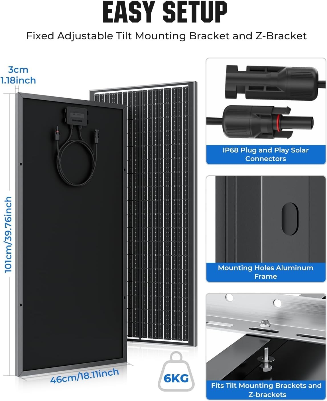 18BB 100W Solar Panel Monocrystalline High Efficiency Off-Grid RV Marine Rooftop